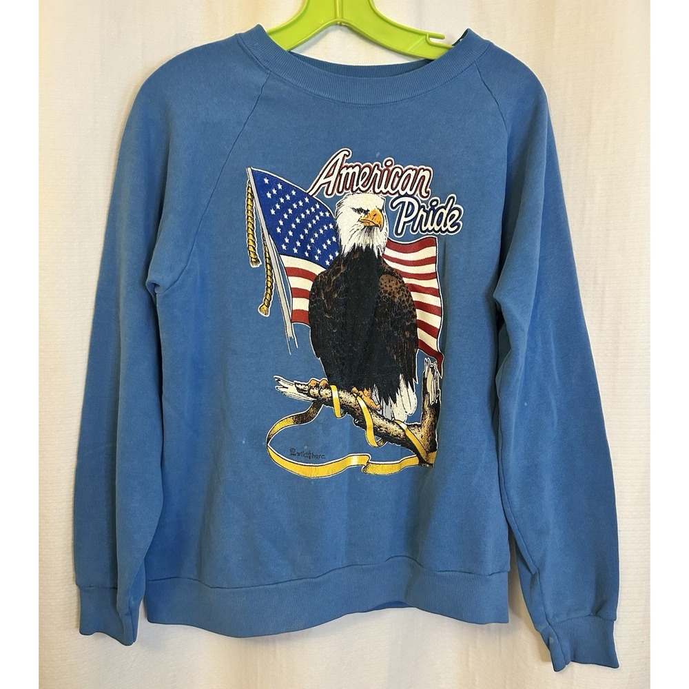 VTG 90s American Pride Blue Sweatshirt L Bald Eagle Flag Patriotic 4th of July